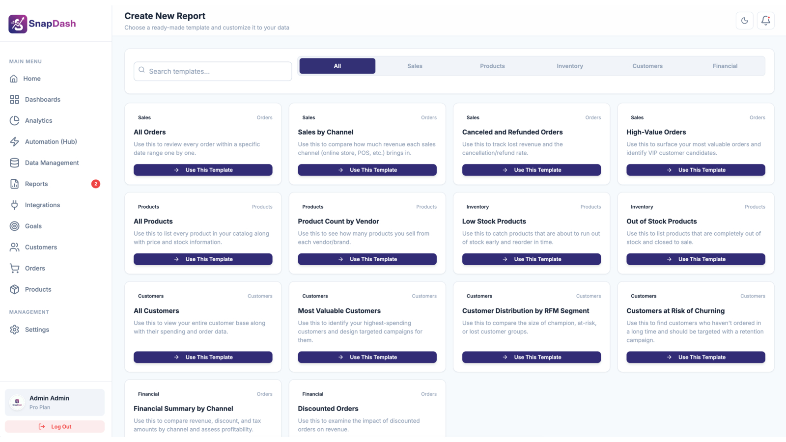 SnapDash report template gallery with 14 ready-made Shopify report templates